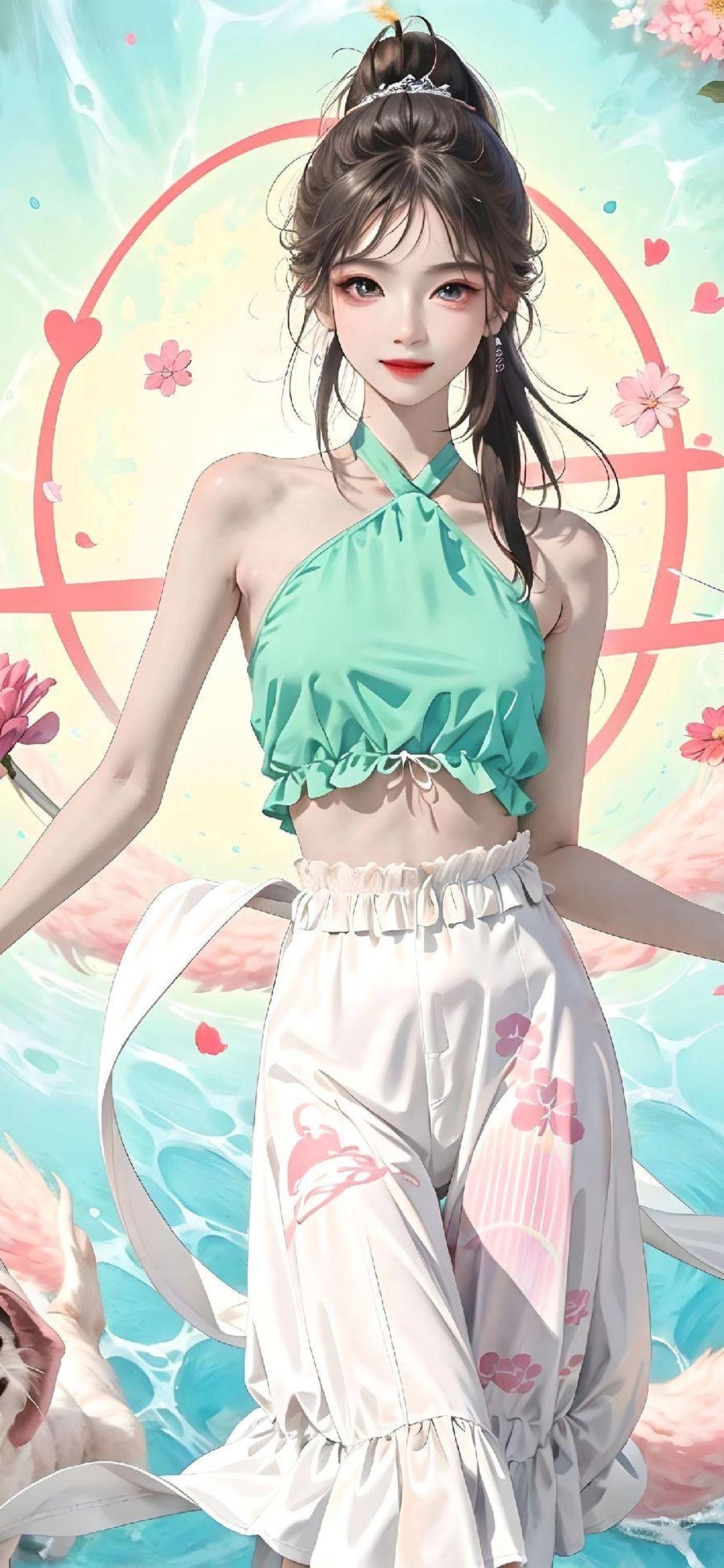 漫蛙官方配图:绿色挂脖上衣女孩站在粉色花卉背景前(漫蛙品牌插画,不是任何作品的官方画面)