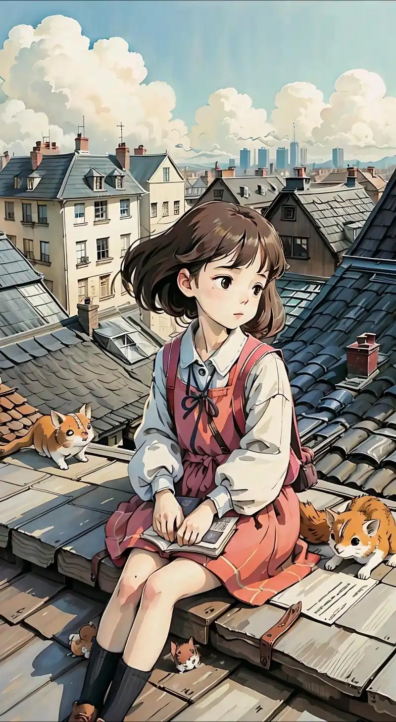 漫蛙官方配图:坐在屋顶上读纸页的女孩和两只猫(漫蛙品牌插画,不是任何作品的官方画面)